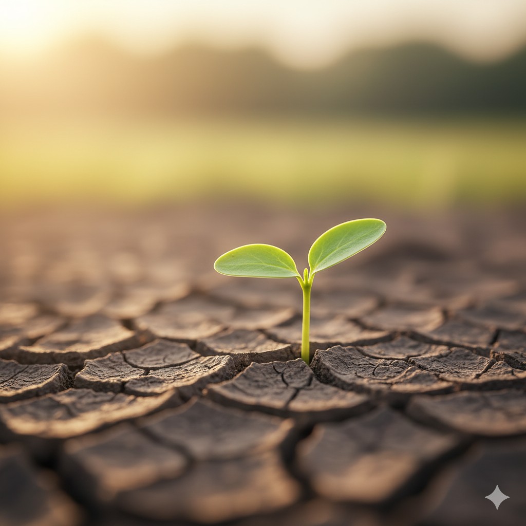 A young plant sprouting from the ground, symbolizing growth and hope.